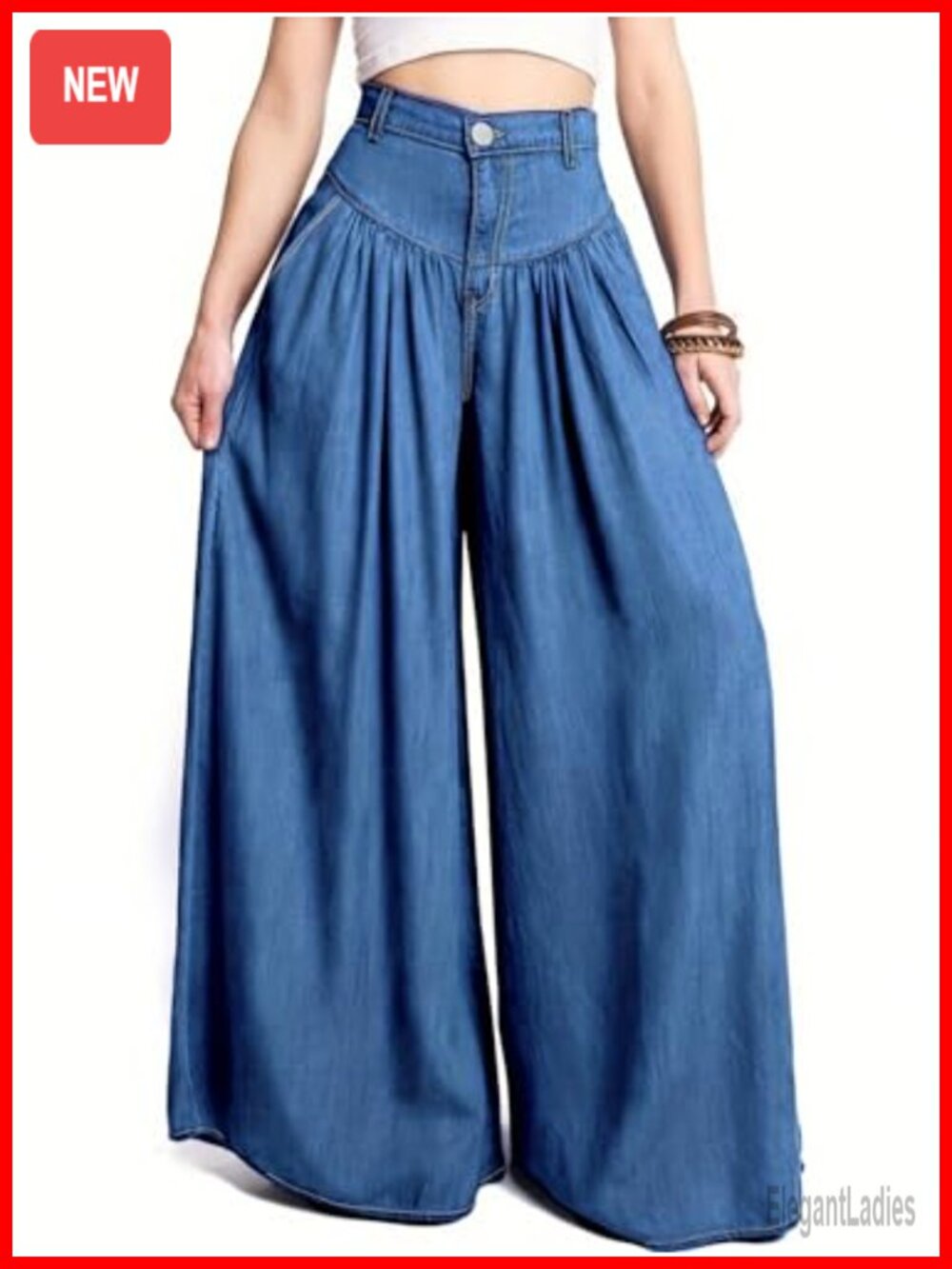 Pleated Wide Leg High Waisted Palazzo Loose Viscose Denim Pants